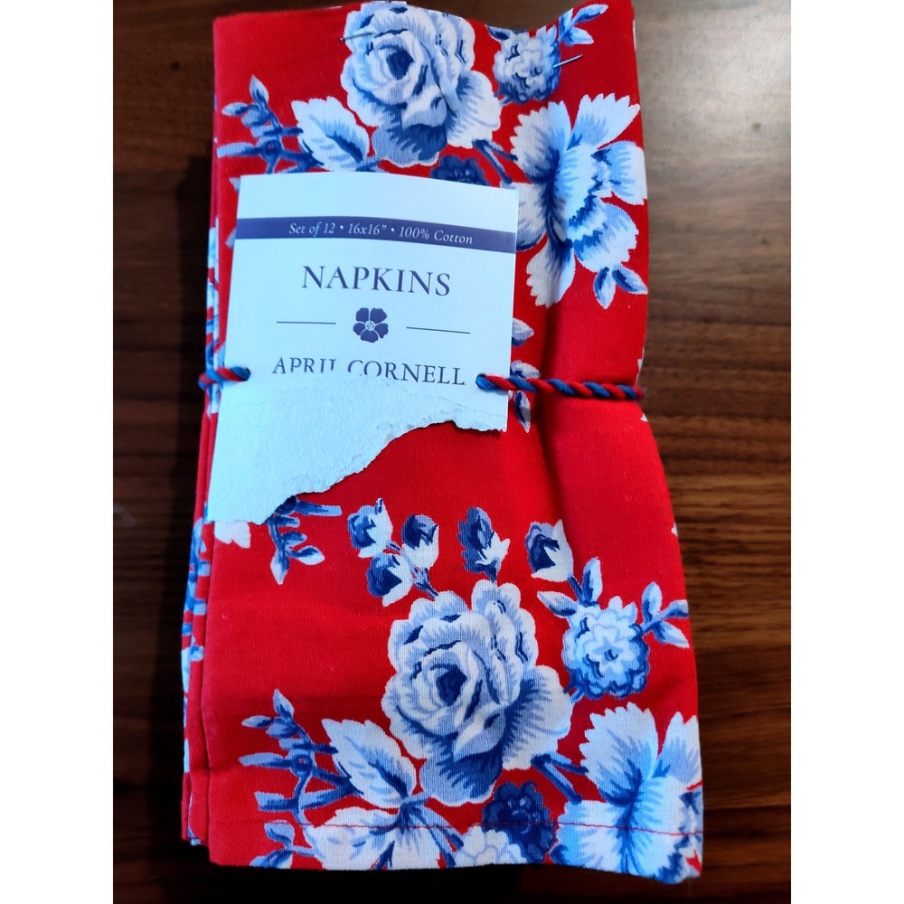April Cornell Red Blue Floral Cotton Napkins Set of 12 Cabbage Rose 16x16